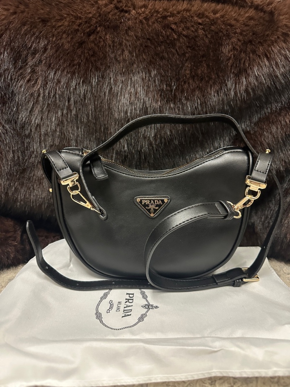 Prada Black Leather Crescent Shoulder Bag with Gold Hardware